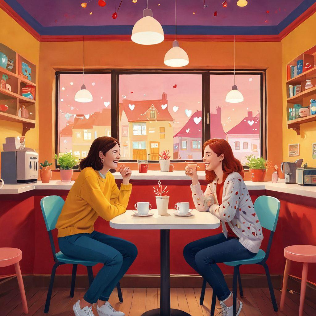 A warm, inviting illustration of two people sharing a laugh in a cozy, colorful cafe, with comical awkward body language and expressions. Surround them with whimsical elements like floating hearts and curious animals observing their interactions. Add a hint of soft, glowing light to represent deepening affection. vibrant colors. cartoon style.