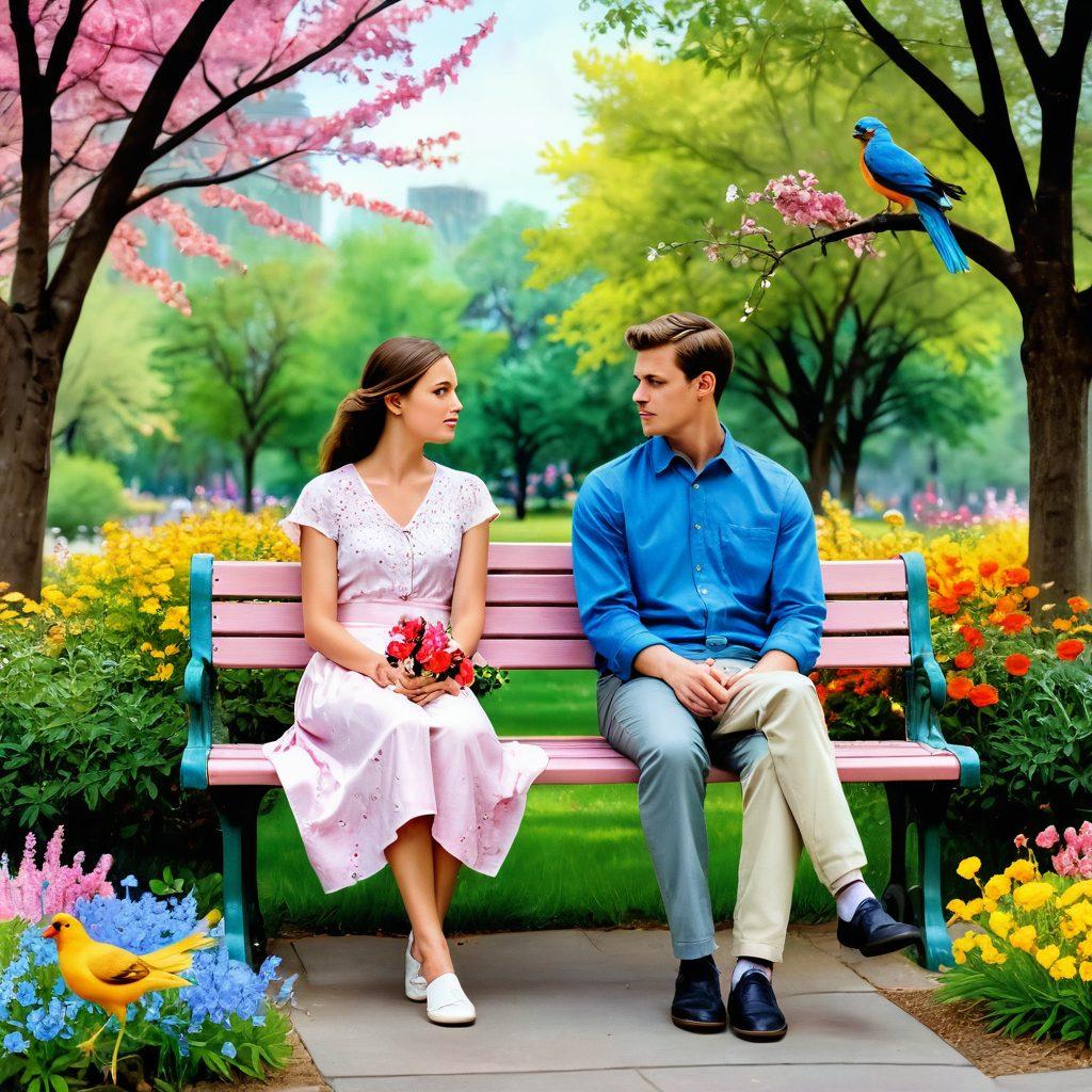 A whimsical scene depicting a couple sitting on a park bench, both looking slightly awkward yet endearing, surrounded by colorful birds and blooming flowers. Their body language shows a blend of nervousness and curiosity, capturing the essence of building a bond through discomfort. The background features soft pastel colors that evoke a warm, romantic atmosphere. Capture this in a dreamy, impressionistic style.