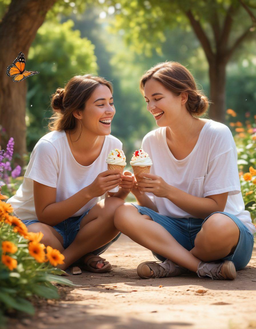 A heartwarming scene depicting two friends sharing a laugh amidst a minor mishap, like a spilled coffee or a dropped ice cream cone. Surround them with whimsical details, like colorful butterflies and flowers symbolizing growth and connection. The background should be a softly blurred park setting, bathed in gentle sunlight, conveying a sense of warmth and affection. vibrant colors. super-realistic.
